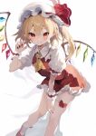  1girl \||/ absurdres ascot black_nails blonde_hair blush bow claw_pose closed_mouth commentary_request crystal double-parted_bangs eyelashes feet_out_of_frame fingernails flandre_scarlet frilled_cuffs frilled_shirt_collar frilled_skirt frills hair_between_eyes hand_up hat hat_bow highres leaning_forward long_fingernails long_hair looking_at_viewer mary_janes miniskirt mob_cap nail_polish pointy_ears puffy_short_sleeves puffy_sleeves rainbow_order red_bow red_eyes red_footwear red_nails red_skirt shirt shoes short_sleeves side_ponytail sidelighting simple_background skindentation skirt smile solo standing tetsurou_(fe+) thigh_strap touhou tsurime white_background white_headwear white_shirt wings wrist_cuffs yellow_ascot 