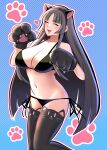  1girl absurdres animal_ear_legwear animal_ears animal_hands animal_print bikini black_bikini black_hair black_thighhighs blunt_bangs blush breasts cat_ear_legwear cat_ears cat_print cleavage closed_eyes fake_animal_ears gloves heart highres hime_cut kaguya_(under_night_in-birth) large_breasts long_hair navel open_mouth paw_gloves polka_dot polka_dot_background solo spoken_heart swimsuit thighhighs under_night_in-birth under_night_in-birth_2_sys:celes underusage very_long_hair 