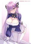  1girl azur_lane blue_eyes blue_skirt braid breasts cleavage cleavage_cutout clothing_cutout commentary_request gloves gradient_background hair_ornament hair_over_one_eye kneeling large_breasts long_hair long_sleeves looking_at_viewer louisville_(azur_lane) parted_lips patreon_username pink_background purple_hair sebu_illust single_braid skirt solo thighhighs two-tone_skirt white_background white_gloves white_skirt white_thighhighs 