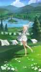  1girl arms_up bare_arms bare_legs barefoot bird blue_sky closed_eyes clothesline cloud daby dress drying drying_clothes feet field flower grass grey_hair highres hill island lake nature on_grass original river scenery sky solo sundress toes tree valley white_dress windmill 