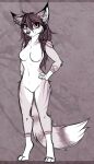 anthro bloominglynx breasts brown_hair brown_markings colored_sketch eyelashes featureless_breasts featureless_crotch felid female front_view full-length_portrait fur grey_body grey_fur hair hand_on_hip hi_res inner_ear_fluff long_hair looking_at_viewer mammal markings nude pink_eyes pink_markings portrait sketch solo standing tuft white_body white_fur white_inner_ear_fluff yukki_kirai