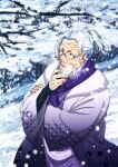  1boy beard black_eyes blurry blurry_background day facial_hair glasses hand_on_own_chin highres japanese_clothes kimono male_focus musasabiop mustache one_piece outdoors ponytail scar scar_across_eye scar_on_face short_hair silvers_rayleigh smile snowflakes upper_body white_hair white_kimono winter winter_clothes 