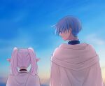  1boy 1girl blue_hair blue_jacket cape closed_mouth commentary_request elf frieren from_behind himmel_(sousou_no_frieren) jacket outdoors pointy_ears rei_hinketsu short_hair sky smile sousou_no_frieren turtleneck turtleneck_jacket twintails upper_body white_cape white_hair 