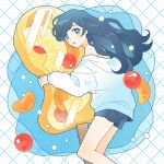  1girl :o bare_shoulders blue_eyes blue_hair blue_shorts blush cherry commentary_request denim denim_shorts dot_nose expressionless feet_out_of_frame food fruit fruit_popsicle grid grid_background highres hugging_object ice_cream jacket long_hair long_sleeves looking_at_viewer nahara_saki off_shoulder open_mouth orange_(fruit) original oversized_object short_shorts shorts solo white_jacket 