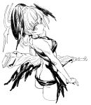  1girl bikini blue_archive bolt_action breasts cropped_legs feathered_wings from_behind greyscale gun hair_wings halo hat holding holding_weapon koharu_(blue_archive) koharu_(swimsuit)_(blue_archive) low_wings monochrome nobita_(makoto7060355) official_alternate_costume p14_enfield rifle small_breasts solo swimsuit weapon wings 