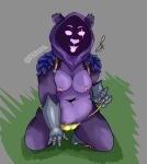 anthro bear belly big_breasts bottomwear breasts clothing epic_games female fortnite hi_res holding_clothing holding_object holding_panties holding_underwear kneeling looking_at_viewer mammal notamo panties purple_body raven_team_leader romantic simple_background slightly_chubby solo tight_bottomwear tight_clothing tongue tongue_out underwear