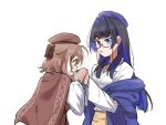  2girls ahoge beret blue_coat blue_eyes blunt_bangs breath brmameng brown_cape brown_dress brown_eyes brown_hair cape coat colored_inner_hair dress eyewear_strap glasses hair_intakes hashtag_only_commentary hat highres hime_cut hololive hololive_english long_hair mittens multicolored_hair multiple_girls nanashi_mumei official_alternate_costume official_alternate_hairstyle ouro_kronii ribbon round_eyewear shirt short_hair very_long_hair virtual_youtuber white_shirt 