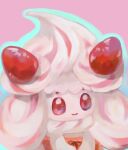  1girl alcremie alcremie_(strawberry_sweet) alcremie_(vanilla_cream) apron big_hair blue_outline butter_(oshi8kyoumoh) closed_mouth clothed_pokemon commentary_request food-themed_hair_ornament hair_ornament happy long_hair multicolored_hair outline own_hands_together partial_commentary pink_background pink_hair pokemon pokemon_(creature) pokemon_cafe_remix red_apron red_eyes sidelocks simple_background smile solo strawberry_hair_ornament streaked_hair two-tone_hair upper_body waist_apron white_hair 