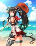  beach breasts brown_eyes brown_hair day detached_sleeves enshinryoku_(ticktack) flower hair_flower hair_ornament headgear highres hip_vent kantai_collection long_hair medium_breasts oriental_umbrella ponytail single_thighhigh skirt smile solo thighhighs umbrella yamato_(kantai_collection) 