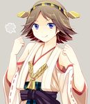  bad_id bad_pixiv_id blue_eyes brown_hair hairband hiei_(kantai_collection) japanese_clothes kantai_collection looking_at_viewer nokuhashi nontraditional_miko short_hair smile solo 