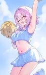  1girl alternate_costume arm_up armpits blue_shirt blue_skirt breasts cheerleader commentary_request crop_top cropped_shirt crossed_legs highres holding holding_pom_poms honkai:_star_rail honkai_(series) jumping looking_at_viewer march_7th_(honkai:_star_rail) midriff navel one_eye_closed open_mouth pink_eyes pink_hair pom_pom_(cheerleading) revision shirt short_hair sidelocks skirt smile solo zenshin 