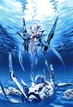  absurdres aircraft airplane blue blue_eyes bodysuit boots bouquet breasts caustics choco covered_navel floating_hair flower full_body headgear high_heel_boots high_heels highres leg_up light_reflection_(water) long_hair mecha_musume original scan sidelocks small_breasts solo underwater white_hair wreckage 