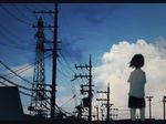  black_hair black_skirt blouse blue_sky blurry cloud day from_behind highres letterboxed machiyaa original outdoors power_lines scenery school_uniform short_hair skirt sky solo standing telephone_pole transformer white_blouse wind 