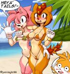 amy_rose anthro bikini bikini_bottom bikini_top blood blush bodily_fluids breasts canid canine classic_amy_rose classic_sonic_(universe) cleavage clothed clothing dialogue english_text eulipotyphlan female fox freckles fur girdled_lizard group hair hedgehog hi_res justtaylor lizard male mammal miles_prower multicolored_body multicolored_fur nosebleed open_mouth orange_body orange_hair pink_body pink_hair reptile scalie sega sonic_superstars sonic_the_hedgehog_(series) sungazer_(lizard) swimwear tan_body text trio trip_the_sungazer two_tone_body two_tone_fur white_body white_fur yellow_body yellow_fur