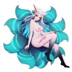  1girl ahri_(league_of_legends) animal_ears bell black_skin blushedpixie bow breasts collarbone colored_skin facial_mark fang fingernails fox_ears fox_girl fox_tail green_bow green_hair grey_hair hair_bell hair_bow hair_ornament highres large_breasts league_of_legends long_hair multicolored_hair navel nipples orange_eyes sharp_fingernails sharp_toenails simple_background skin_fang solo spirit_blossom_ahri tail toenails two-tone_hair whisker_markings white_background white_skin 