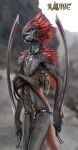 2011 armor belt black_body blade blue_eyes collar crossed_arms dragon english_text feathers female hi_res holding_object holding_weapon long_nails matriarch_khedira melee_weapon multi_limb nebezial official_art red_body red_feathers scalie shiva_(ravine) sword tail text unconvincing_armor weapon