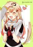  admiral_(kantai_collection) blonde_hair blush closed_eyes downscaled fingerless_gloves gloves hair_between_eyes hair_ornament hair_ribbon hairclip happy haruta_(haru_chi) heart kantai_collection long_hair long_sleeves md5_mismatch open_mouth petting remodel_(kantai_collection) resized ribbon short_sleeves tail tail_wagging twitter_username yuudachi_(kantai_collection) 