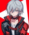  1boy black_choker black_jacket choker closed_mouth commentary_request expressionless facial_tattoo fulgur_ovid fulgur_ovid_(1st_costume) grey_eyes grey_hair hair_between_eyes hair_over_one_eye highres jacket looking_at_viewer male_focus meremero nijisanji nijisanji_en open_clothes open_jacket red_background short_hair solo tattoo upper_body virtual_youtuber 