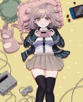  1girl :o animal_bag bag black_shirt black_thighhighs blush brown_skirt cat_bag controller danganronpa_(series) danganronpa_2:_goodbye_despair dress_shirt esu_(tasoesu) from_above galaga game_boy game_console hair_ornament handheld_game_console highres holding holding_handheld_game_console jacket looking_up lying miniskirt nanami_chiaki nintendo_switch on_back open_clothes open_jacket pillow pink_bag pink_eyes pleated_skirt shirt skirt solo thighhighs two-tone_shirt unworn_bag white_shirt zettai_ryouiki 