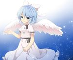 angel_wings bad_id bad_pixiv_id blue_eyes blue_hair dress ellipsis_(mitei) gradient gradient_background hair_ribbon hand_up light_particles looking_at_viewer mai_(touhou) open_hand puffy_short_sleeves puffy_sleeves ribbon short_hair short_sleeves simple_background skirt_hold smile solo touhou touhou_(pc-98) white_dress wings 