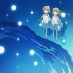  2girls :d bare_arms bare_shoulders blonde_hair blue_eyes blue_theme blush child commentary_request dot_nose dress grass highres holding_hands lake light_particles looking_up medium_hair multiple_girls nahara_saki night on_grass open_mouth original outdoors plant reflection siblings sisters sleeveless sleeveless_dress smile standing water white_dress 