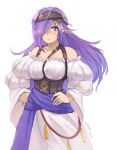  1girl absurdres camilla_(fire_emblem) commentary corset cowboy_shot dress fire_emblem fire_emblem_fates fire_emblem_heroes head_scarf highres kaphrin long_hair long_sleeves looking_at_viewer off-shoulder_dress off_shoulder parted_lips purple_eyes purple_hair purple_sash sash solo standing very_long_hair white_dress wide_sleeves 