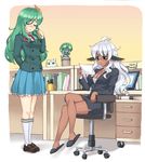  :o ahoge arm_behind_back athena_(p&amp;d) bangs blazer blue_eyes blue_skirt blush book breasts buttons chair chestnut_mouth cleavage closed_eyes computer crossed_legs cup dark_angel_metatron_(p&amp;d) dark_skin desk finger_to_cheek formal full_body glasses green_hair hair_ornament holding jacket kneehighs lace laptop loafers loneteel long_hair long_sleeves looking_down medjedra mug multiple_girls neckerchief nervous nose_blush office_chair office_lady pantyhose paper parted_bangs pen pencil_skirt petticoat plant pleated_skirt potted_plant puzzle_&amp;_dragons raised_eyebrows school_uniform shoes side_slit sitting skirt skirt_suit slippers small_breasts standing suit sweatdrop treant_(p&amp;d) wavy_hair white_hair white_legwear 