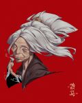  1girl absurdres asian avatar:_the_last_airbender avatar_legends cropped_shoulders cryokinesis evil_smile fighting_stance grey_hair half-closed_eyes hama_(avatar) hand_up highres long_hair looking_at_viewer old old_woman open_hand patrick_ganas red_background smile smug solo wrinkled_skin 