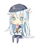  anchor_symbol animal_ears black_legwear blue_eyes blue_hair cat_ears cat_tail commentary_request double_scoop eating flat_cap food full_body hat hibiki_(kantai_collection) ice_cream ice_cream_cone kantai_collection licking long_hair long_sleeves pleated_skirt school_uniform serafuku shoes simple_background skirt solo tail tail_wagging thighhighs tunamayochan white_background 