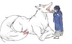  2boys aged_down animal animalization black_hair child commentary facing_another fox full_body fyfyluker japanese_clothes kogitsunemaru looking_at_another magnifying_glass male_focus mikazuki_munechika multiple_boys open_mouth oversized_animal sandals short_hair sketch standing teeth touken_ranbu white_background 