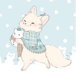 2023 ambiguous_gender arctic_fox blush canid canine cheek_tuft digital_media_(artwork) eyes_closed facial_tuft fox fur head_tuft hi_res holding_object inner_ear_fluff mammal memegmu outside scarf signature smile snow snowing snowman solo tuft walking white_body white_fur