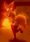 anthro breasts canid canine clothing darkito420 digital_media_(artwork) female fennekin footwear fur generation_6_pokemon hi_res looking_at_viewer mammal nintendo pokemon pokemon_(species) smile socks solo tail yellow_body yellow_fur