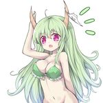  bottomless bra breasts cleavage ex-keine fang green_bra green_hair horn_ribbon horns kamishirasawa_keine large_breasts long_hair navel object_on_head open_mouth out-of-frame_censoring panties panties_on_head panties_removed pink_eyes ribbon smile solo touhou underwear underwear_only very_long_hair vils 