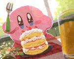  cake cake_slice commentary cup drink drinking_glass food fork fruit holding holding_fork icing kirby kirby_(series) miclot no_humans plate strawberry strawberry_shortcake table window 