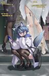  1boy 2girls absurdres animal_ears arknights bag black_hair black_thighhighs blue_hair cellphone cigarette ear_piercing futanari gins handbag highres male_focus multiple_girls otoko_no_ko phone piercing sidelocks thighhighs vigil_(arknights) wolf_boy wolf_ears yellow_eyes 