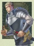 1boy absurdres armor black_hair blonde_hair bowl chainmail cheek_bulge chopsticks cowboy_shot dungeon dungeon_meshi eating food from_side gorget grey_eyes grey_hair highres holding holding_bowl holding_sword holding_weapon kensuke_(dungeon_meshi) laios_thorden lion looking_at_viewer looking_to_the_side male_focus multicolored_hair mushroom outside_border parted_lips pauldrons plate_armor shirt short_hair shoulder_armor solo spilling sword two-tone_hair vambraces vegetable weapon white_shirt winged_sword yomoyama_yotabanashi 