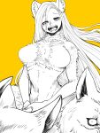  1girl animal_ear_fluff animal_ears blush body_fur breasts completely_nude dungeon_meshi fangs floating_hair from_below greyscale_with_colored_background hair_over_one_eye highres large_breasts long_hair looking_at_viewer looking_down marcille_donato moku_(2017.07) monster_girl multiple_heads nude open_mouth own_hands_together simple_background sketch solo spoilers succubus_(dungeon_meshi) upper_body very_long_hair wolf yellow_background 