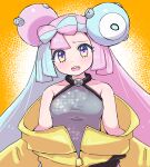  1girl blush bow-shaped_hair breasts character_hair_ornament collarbone commentary_request green_hair grey_shirt hair_ornament highres iono_(pokemon) jacket kutabireta_neko long_hair looking_at_viewer multicolored_hair off_shoulder open_mouth pink_eyes pink_hair pokemon pokemon_sv shirt sleeveless sleeveless_shirt solo teeth two-tone_hair upper_body upper_teeth_only yellow_jacket 