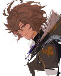  1boy ahoge armor breastplate brown_hair empty_eyes flat_color from_side granblue_fantasy hair_between_eyes hood light_frown looking_down male_focus red_eyes sad sandalphon_(granblue_fantasy) sketch solo_focus turtleneck wahoosandalphon white_background 