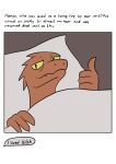 ambiguous_gender bed comic english_text furniture hi_res hospital_bed humor i_lived_bitch_(meme) kobold lizardanon meepo meme orange_body orange_scales scales scalie shaded simple_background simple_shading solo text yellow_eyes