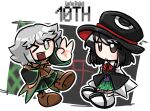  &gt;_o 2others androgynous ascot black_coat black_eyes black_hair black_headwear black_shirt black_shorts brown_ascot brown_coat brown_footwear chibi coat collared_shirt commentary copyright_name detached_sleeves english_text enraku_tsubakura green_hakama green_trim grey_eyes grey_hair hakama hakama_short_skirt hakama_skirt hand_on_own_hip hat highres houlen_yabusame japanese_clothes layered_sleeves len&#039;en long_hair long_sleeves medium_hair multiple_others neck_ribbon no_nose one_eye_closed open_mouth other_focus priswocaer puffy_short_sleeves puffy_sleeves red_ribbon ribbon sandals shirt short_hair short_over_long_sleeves short_sleeves shorts skirt sleeveless sleeveless_coat sleeveless_shirt sleeves_past_fingers sleeves_past_wrists smile socks two-sided_fabric two-sided_headwear v white_shirt white_sleeves white_socks wide_sleeves 