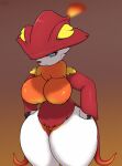 anthro breasts canid canine female fire fox genitals gradient_background hi_res mammal neck_tuft pal_(species) palworld pouting pussy shalon short_stack simple_background solo squish thigh_squish tuft wide_hips wixen