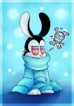 2017 8-bit-britt annoyed anthro baggy_clothing baggy_sweater baggy_topwear black_body black_ears black_fur blue_clothing blue_sweater blue_topwear bone bunnicula bunnicula_(series) clothed clothing digital_media_(artwork) fur half-closed_eyes hi_res lagomorph leporid long_ears male mammal multicolored_body multicolored_fur narrowed_eyes rabbit red_eyes red_sclera skull skull_symbol solo standing sweater three-quarter_view topwear two_tone_body two_tone_fur vampire white_body white_fur