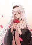  1girl absurdres artist_name bare_shoulders black_bow black_collar bouquet bow bridal_veil closed_mouth collar crown_hair_ornament dated detached_collar dress falling_petals flower girls&#039;_frontline highres holding holding_bouquet kar98k_(girls&#039;_frontline) kar98k_(purity_in_vermilion)_(girls&#039;_frontline) long_hair looking_at_viewer off_shoulder official_alternate_costume petals red_eyes red_flower sakatakin solo tiara upper_body veil very_long_hair wedding_dress white_hair 