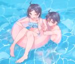  1boy 1girl :d ahoge bikini black_eyes black_hair brother_and_sister eme_(emeralda) frilled_bikini frills hair_between_eyes hair_ornament highres hikigaya_hachiman hikigaya_komachi looking_at_viewer one_eye_closed open_mouth pool short_hair siblings sitting smile swim_ring swimming swimsuit tube v victory_pose water x_hair_ornament yahari_ore_no_seishun_lovecome_wa_machigatteiru. 