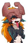 anthro black_body black_fur drooling_tongue evena_(illustriousgrave) female fur hair hi_res idler_r imp kobold midna nintendo orange_hair red_eyes solo the_legend_of_zelda tongue tongue_out twilight_princess white_body white_fur yellow_sclera