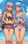  2girls ;d ahoge aqua_(konosuba) ass_visible_through_thighs bangle bare_arms bare_shoulders bikini blue_bikini blue_eyes blue_hair blue_skirt blue_sky bracelet breasts checkered_bikini checkered_clothes checkered_skirt clothes_lift cloud commentary commission crossover day green_eyes grey_hair hair_between_eyes haiyore!_nyaruko-san highres jewelry kono_subarashii_sekai_ni_shukufuku_wo! long_hair looking_at_viewer medium_breasts multiple_girls nyarlathotep_(nyaruko-san) one_eye_closed outdoors r123 skeb_commission skirt skirt_lift sky smile standing swimsuit thigh_gap translation_request very_long_hair water 