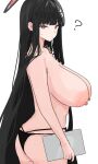  1girl ? ass black_hair black_panties blue_archive breasts bright_pupils cleavage cowboy_shot from_side hair_ornament hairpin halo highres large_breasts long_hair looking_at_viewer nipples panties red_eyes rio_(blue_archive) simple_background solo topless tsumayouji_(tumayog) underwear white_background white_pupils 