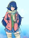  akairiot artist_name badge blue_background blue_eyes blue_hair blush casual fire_emblem fire_emblem:_kakusei gradient gradient_background hands_in_pockets headphones jacket looking_at_viewer lucina nintendo open_mouth scarf signature skirt solo thighhighs upper_body 