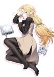  1girl absurdres black_pantyhose black_shirt blonde_hair blue_eyes blush controller covering_one_eye dress elf flat_chest full_body game_console game_controller highres isekai_ojisan jewelry lips long_hair looking_at_viewer lying no_shoes on_side open_mouth pantyhose pointy_ears q_t_(pixiv) ring sega_dreamcast shirt solo sui_(isekai_ojisan) teeth tiara upper_teeth_only very_long_hair yellow_dress 